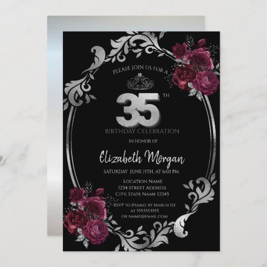シルバーフレームバーガンディバラブラック35誕生日 招待状 (正面/裏面)