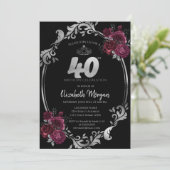 シルバーフレームバーガンディバラブラック40歳の誕生日 招待状 (スタンド正面)