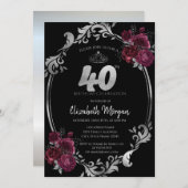 シルバーフレームバーガンディバラブラック40歳の誕生日 招待状 (正面/裏面)