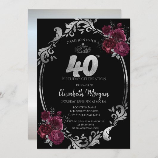 シルバーフレームバーガンディバラブラック40歳の誕生日 招待状 (正面/裏面)