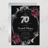 シルバーフレームバーガンディバラブラック70誕生日 招待状 (正面/裏面)
