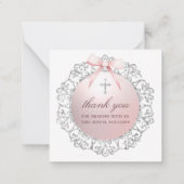 シルバーフレームピンク弓バプティスギフトエンクロージャー ノートカード (裏面)