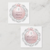 シルバーフレームピンク弓バプティスギフトエンクロージャー ノートカード (正面/裏面)