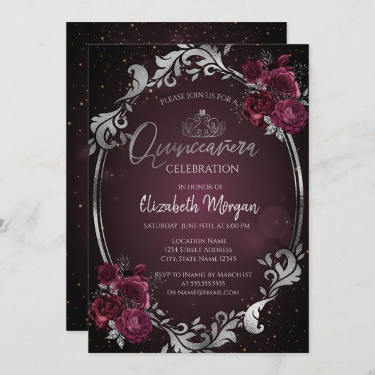 シルバーフレームブルゴーニュバラダークキンセアニラ 招待状 (正面/裏面)