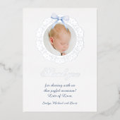 シルバーフレームブルーボウバプティスフォイルサンキューカード 箔招待状 (正面)