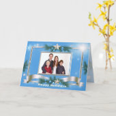 シルバーフレーム付き青の休日のフォトグリーティング カード (黄色い花)