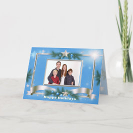 シルバーフレーム付き青の休日のフォトグリーティング カード
