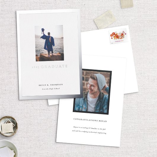 シルバーフレーム写真卒業発表カード 箔招待状