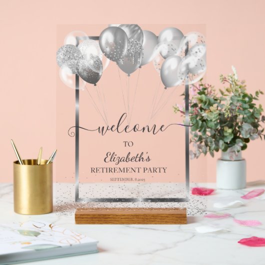 シルバーフレーム海軍紙吹雪バルーン退職 アクリルサイン (ウェディング)