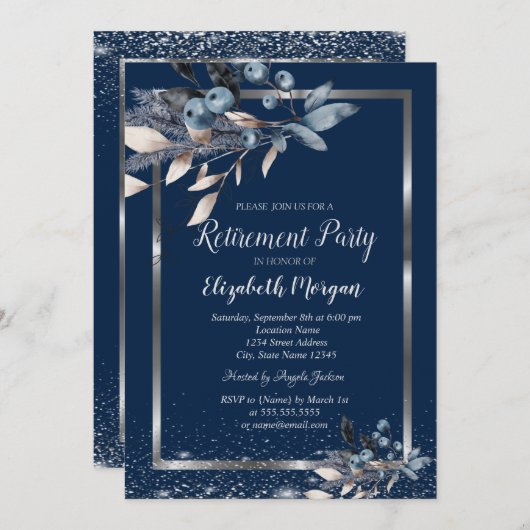 シルバーフレーム紙吹雪冬の花引退 招待状 (正面/裏面)