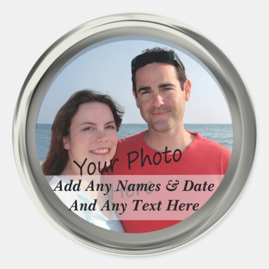 シルバーフレーム自分の写真と文字カスタムのステッカー ラウンドシール (正面)