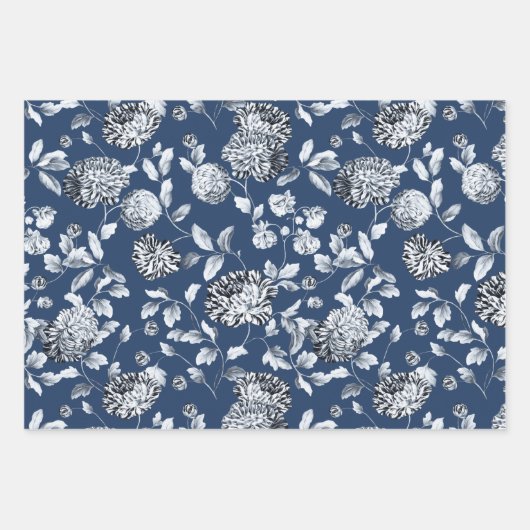 シルバーフローラつる植物オンネイビーブルー結婚ズ ラッピングペーパーシート (正面)