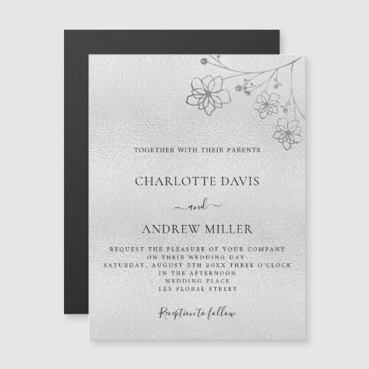 シルバーフローラエレガントな結婚式の招待磁石 (正面/裏面)