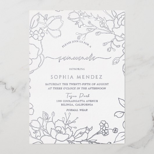 シルバーフローラエレガントキンセアニェラパーティーシルバー 箔招待状 (正面)