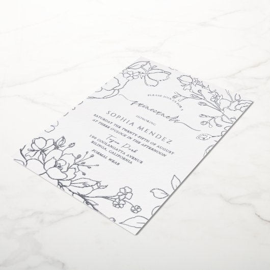 シルバーフローラエレガントキンセアニェラパーティーシルバー 箔招待状 (回転した状態)