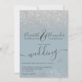 シルバーフローラグリッターほこりっぽい結婚ブルースクリプト 招待状 (正面)