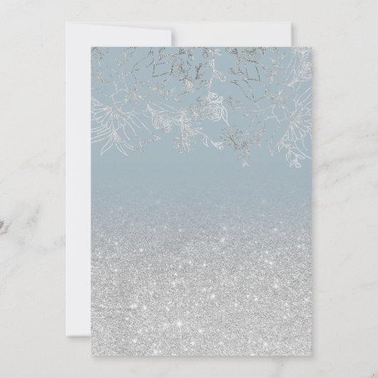 シルバーフローラグリッターほこりっぽい結婚ブルースクリプト 招待状 (裏面)