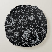 シルバーフローラスワールオンブラック ラウンドクッション (正面)