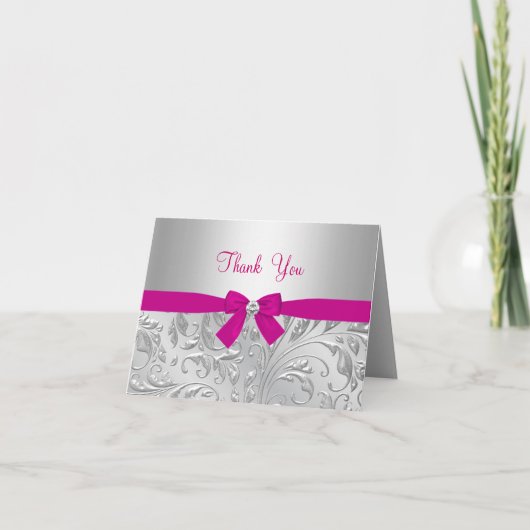 シルバーフローラスワール&ボウピンクサンキューカード サンキューカード (正面)