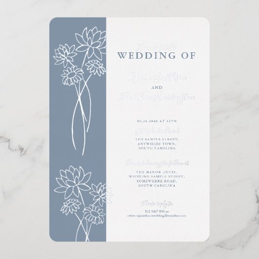 シルバーフローラダスティブルー結婚ズフォイル招待状 箔招待状 (正面)