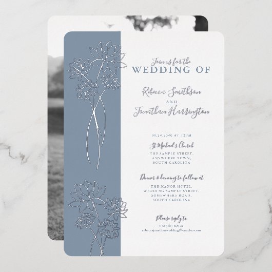 シルバーフローラダスティブルー結婚ズフォイル招待状 箔招待状 (正面/裏面)