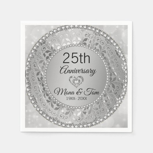 シルバーフローラダマスク及びハート スタンダードカクテルナプキン (正面)