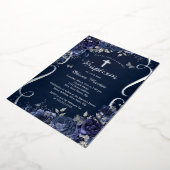 シルバーフローラネイビーバタフライボーイバプテスマ 箔招待状 (回転した状態)