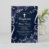 シルバーフローラネイビーバタフライボーイバプテスマ 箔招待状 (立ち正面)
