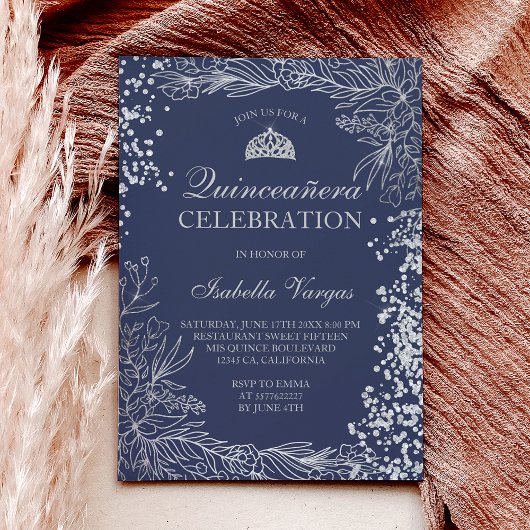 シルバーフローラネイビー青い写真ティアラ・キンセアニラ 招待状