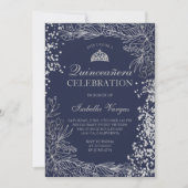 シルバーフローラネイビー青い写真ティアラ・キンセアニラ 招待状 (正面)