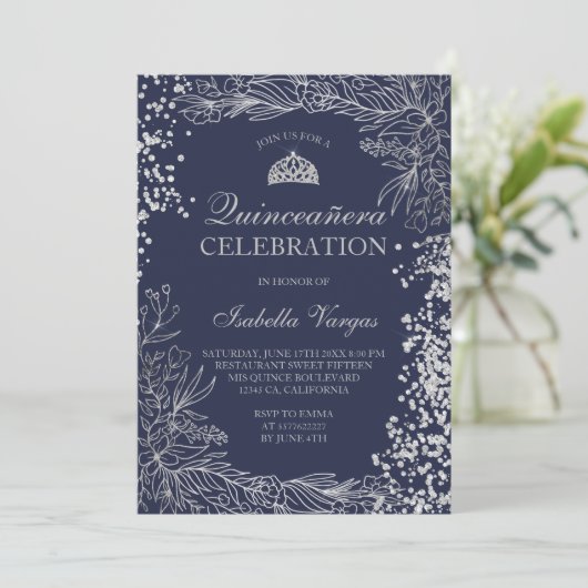 シルバーフローラネイビー青い写真ティアラ・キンセアニラ 招待状 (スタンド正面)