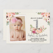シルバーフローラフォト第1誕生日パーティの招待状 招待状 (正面/裏面)