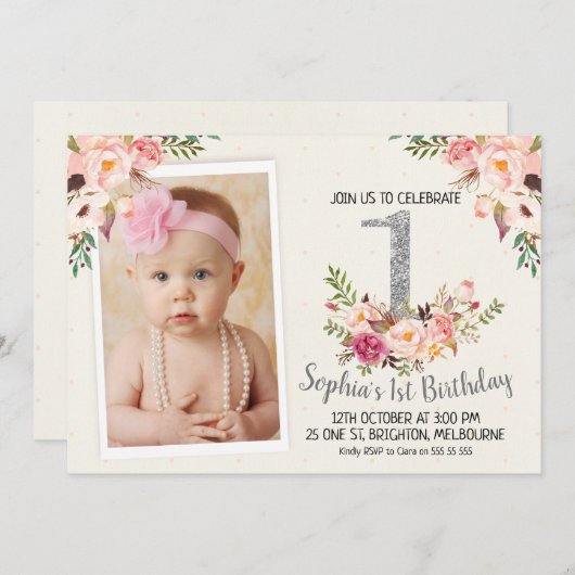 シルバーフローラフォト第1誕生日パーティの招待状 招待状 (正面/裏面)