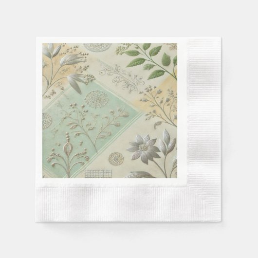 シルバーフローラモチーフデザイン 縁ありカクテルナプキン (正面)
