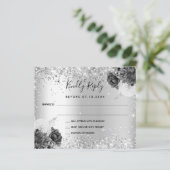 シルバーフローラモノクロ結婚式RSVPカード (スタンド正面)