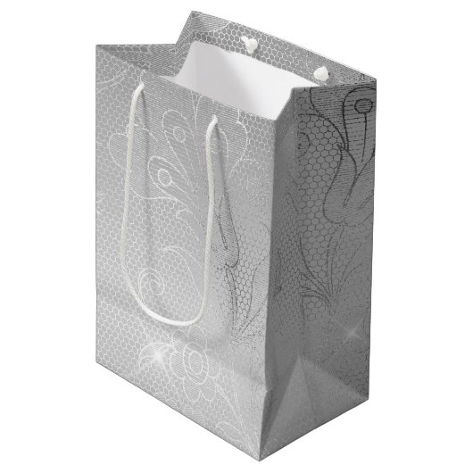 シルバーフローラルレースのウェディング ミディアムペーパーバッグ (正面アングル)
