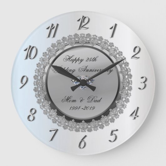 シルバーフローラ結婚ダイヤモンド25周年記念 ラージ壁時計 (正面)