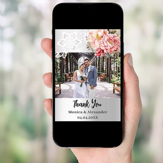 シルバーフローラ結婚レースの写真サンキューカード 招待状