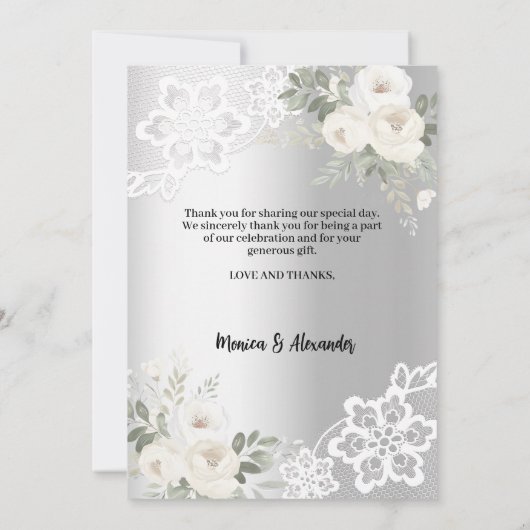 シルバーフローラ結婚レースの写真サンキューカード 招待状 (裏面)
