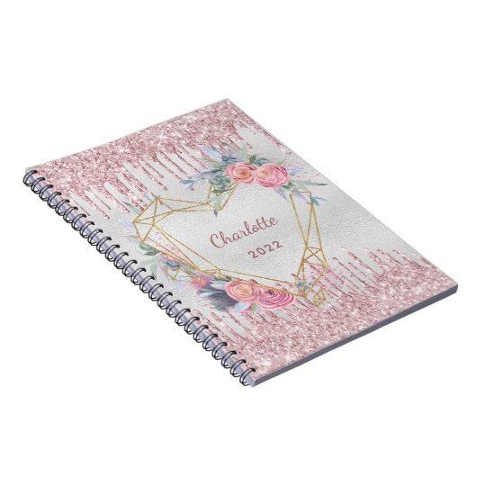 シルバーフローラ赤面ピンクグリッター名日記 ノートブック (右側)