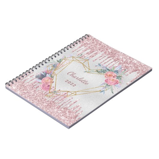 シルバーフローラ赤面ピンクグリッター名日記 ノートブック (左側)