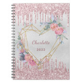 シルバーフローラ赤面ピンクグリッター名日記 ノートブック (正面)