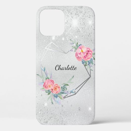 シルバーフローラ赤面ピンクグリッター名 Case-Mate iPhoneケース (裏面)