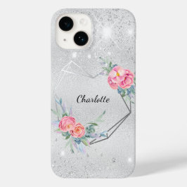 シルバーフローラ赤面ピンクグリッター名 Case-Mate iPhone 14ケース