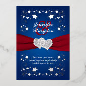 シルバーフローラ、赤、青がハートに結婚参加 箔招待状 (正面)