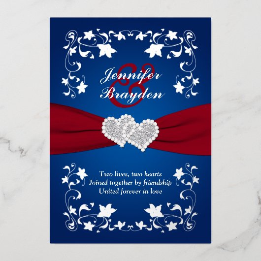 シルバーフローラ、赤、青がハートに結婚参加 箔招待状 (正面)