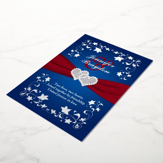 シルバーフローラ、赤、青がハートに結婚参加 箔招待状 (回転した状態)