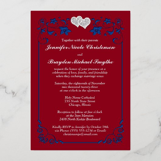 シルバーフローラ、赤、青がハートに結婚参加 箔招待状 (裏面)