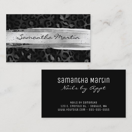 シルバーブラシストロークブラックフォイルヒョウ 名刺 (正面/裏面)