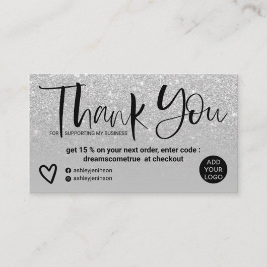 シルバーブラシフォントシックなグレー感謝していの順序 名刺 (正面)